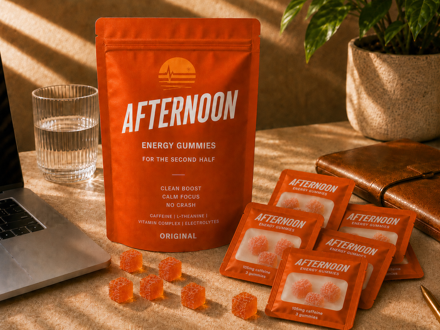 AFTERNOON energy gummies pouch with five portable strips and cube gummies on a warm afternoon desk.