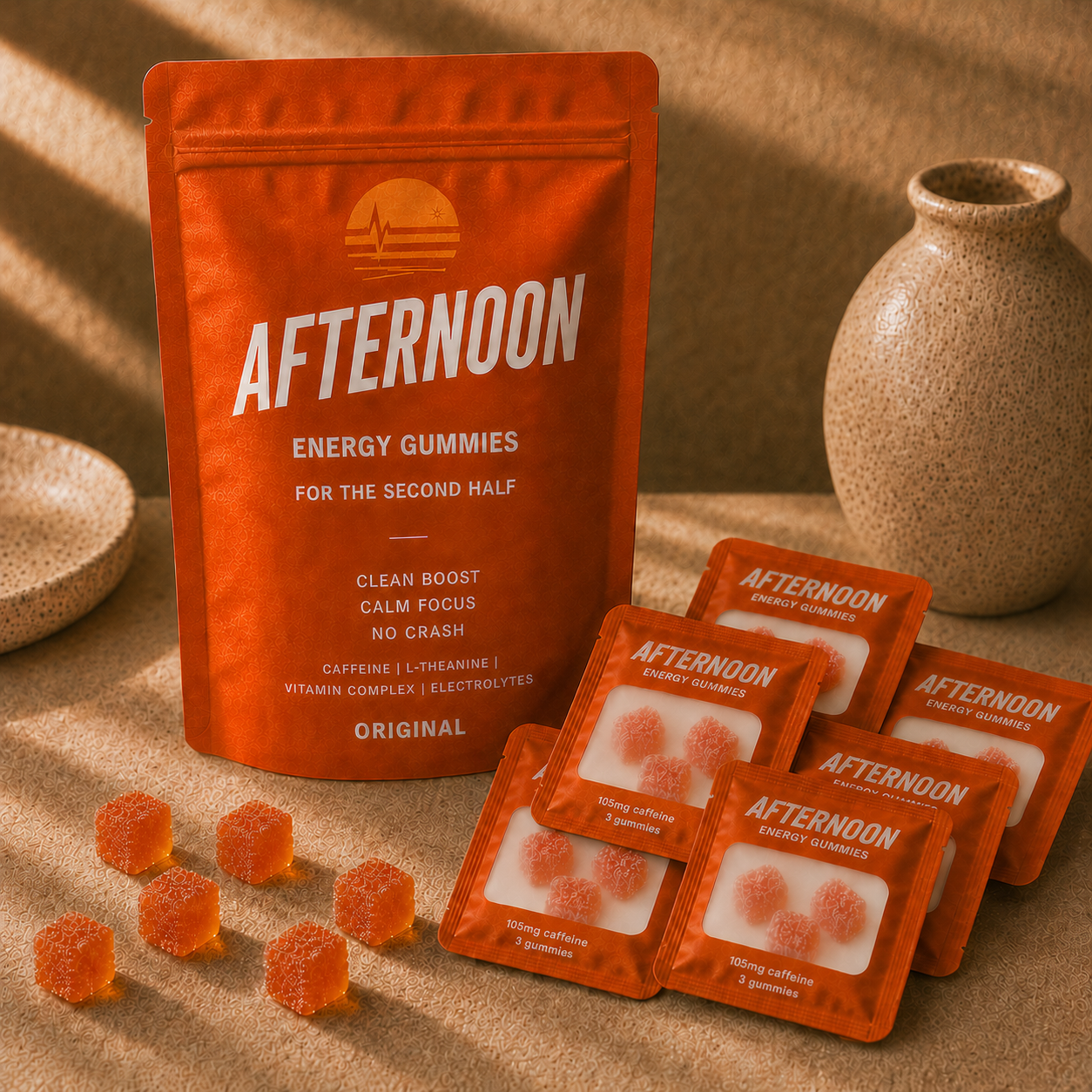 AFTERNOON orange pouch with five portable strips and cube-shaped energy gummies.